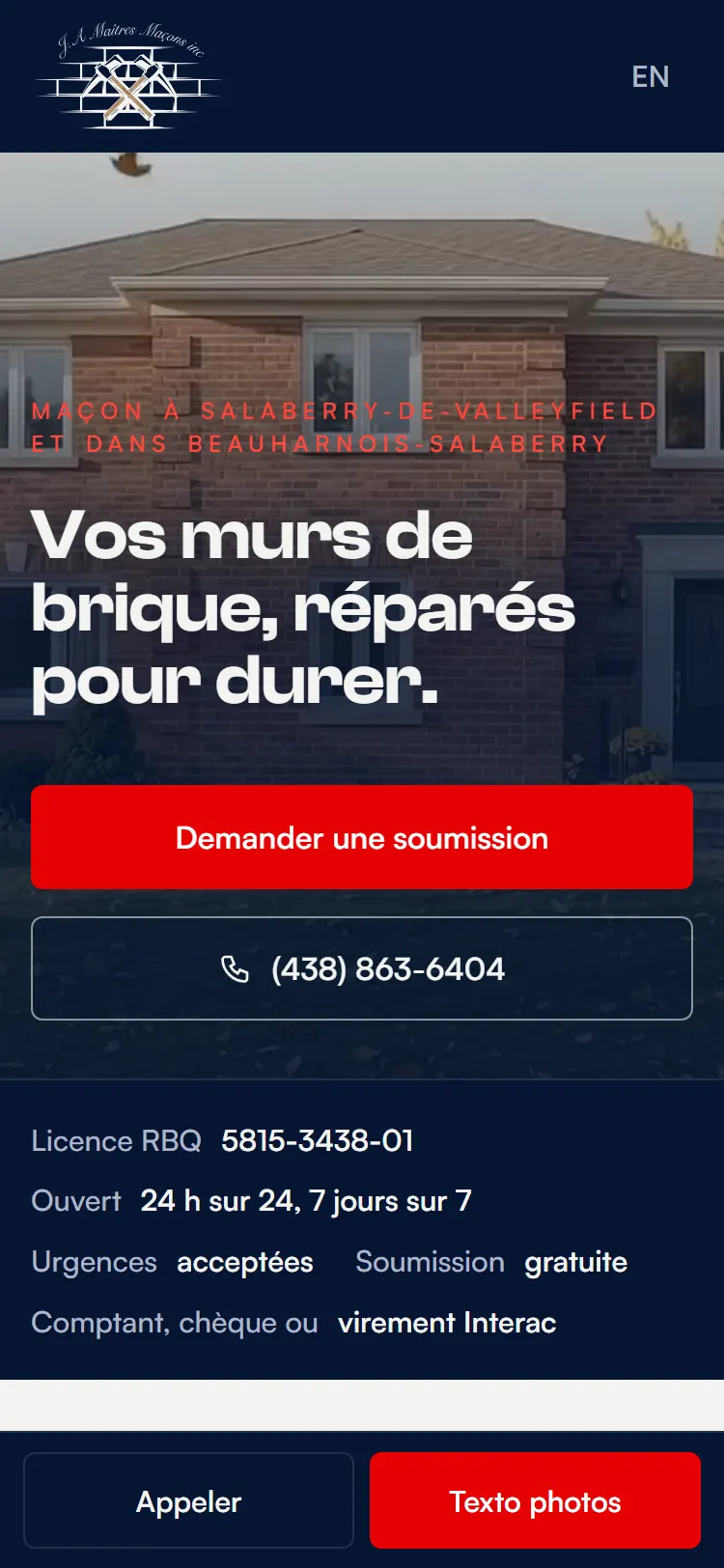 Haut de la page du nouveau site de J.A. Maîtres Maçons, au cellulaire