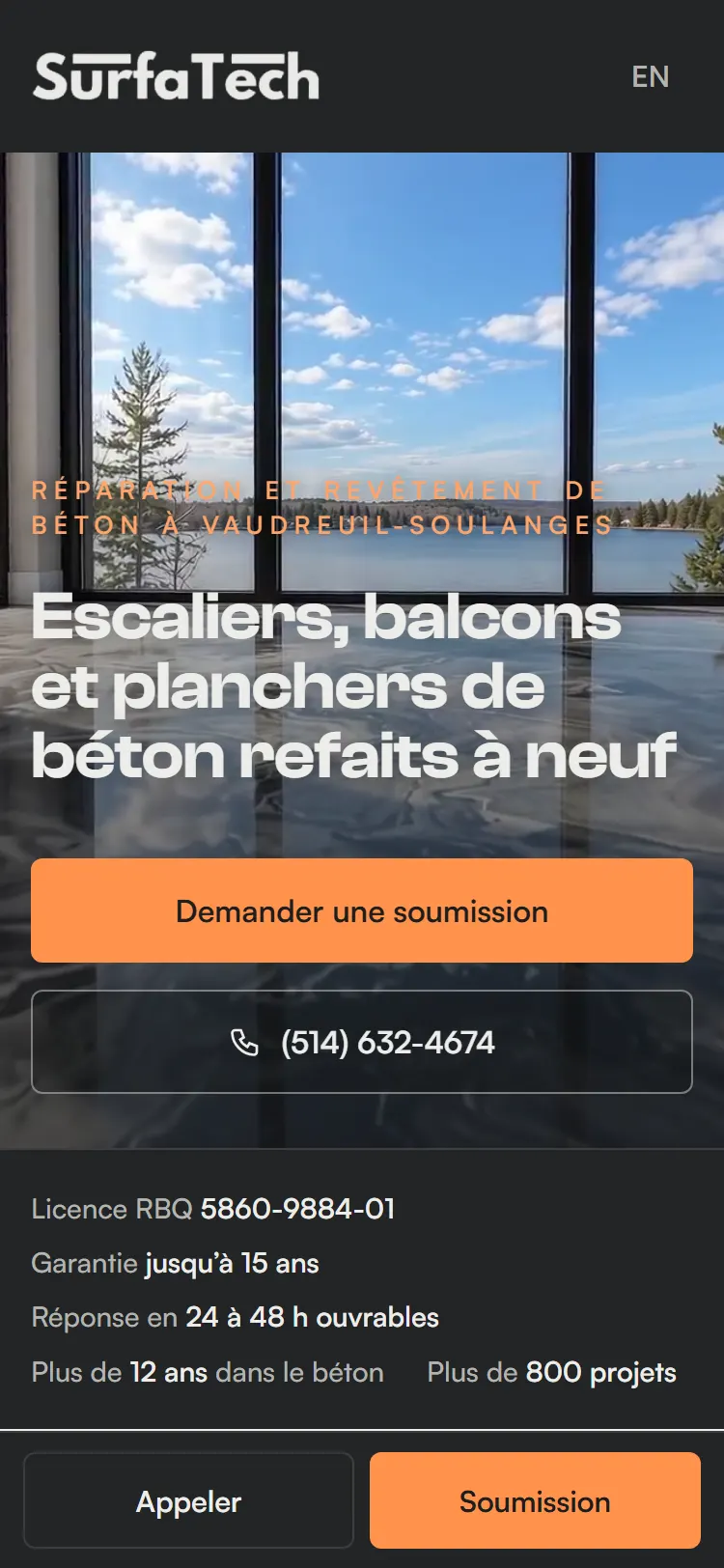 Haut de la page du nouveau site de SurfaTech, au cellulaire
