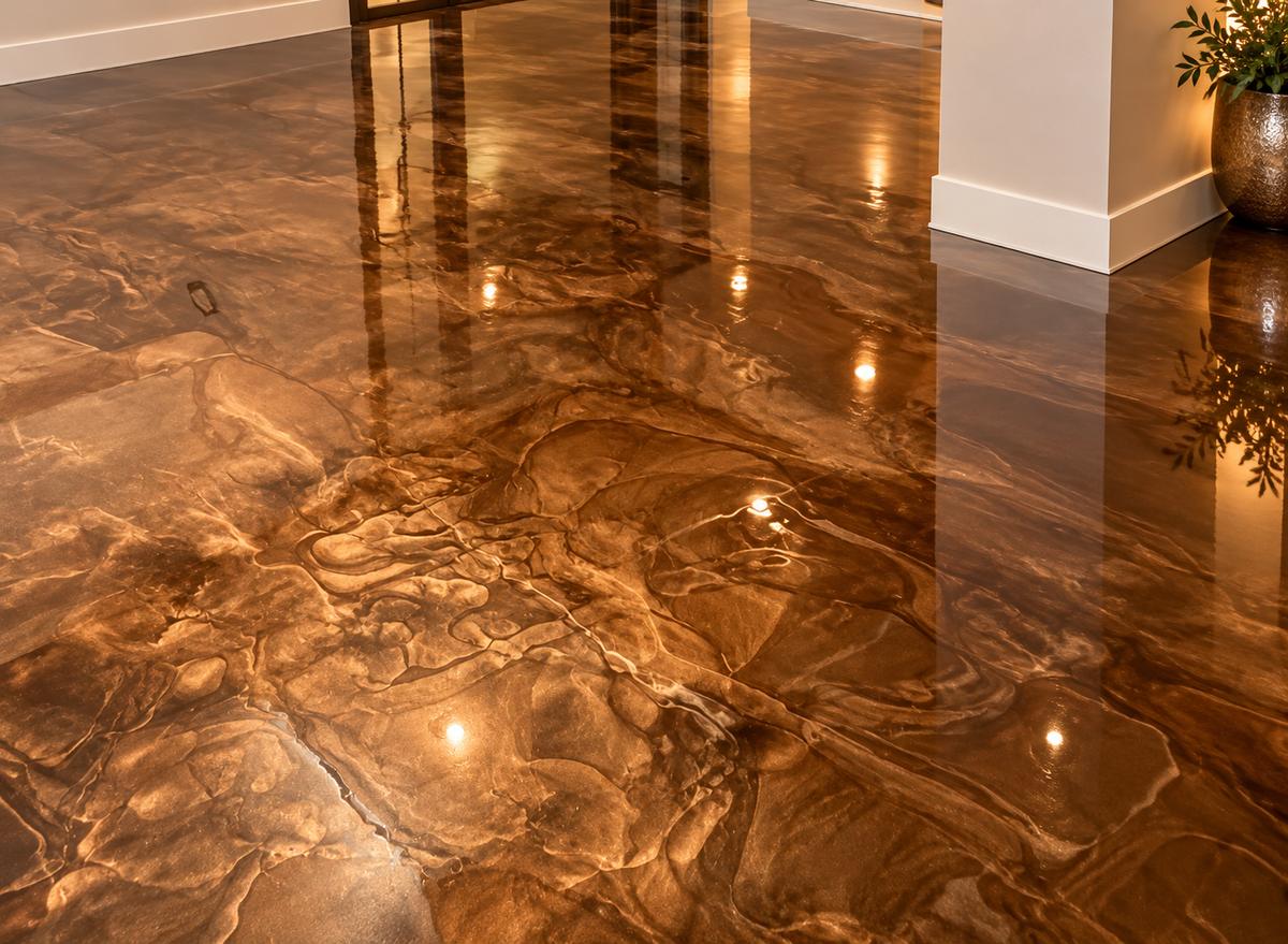 Plancher d'époxy métallique bronze et cuivre aux reflets profonds