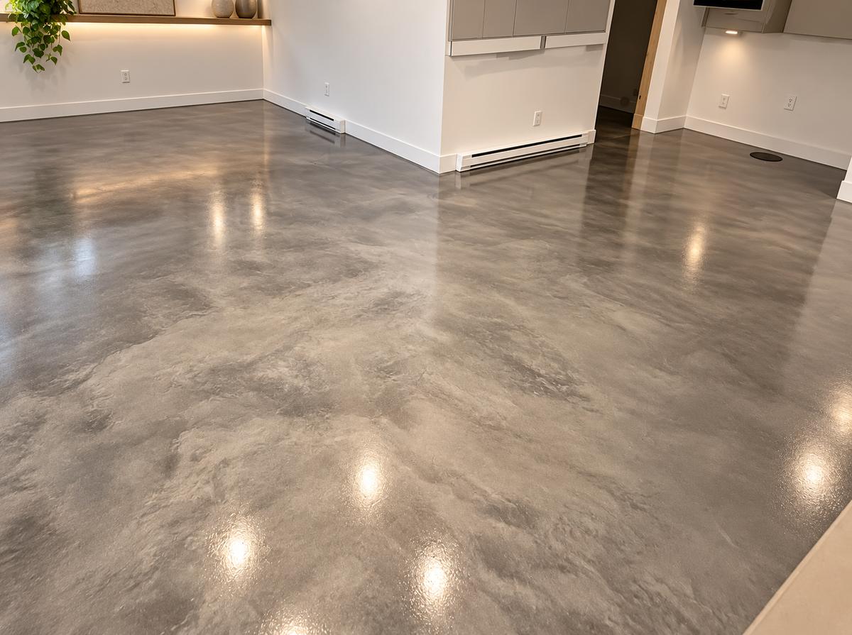 Pièce au plancher d'époxy métallique gris taupe lustré