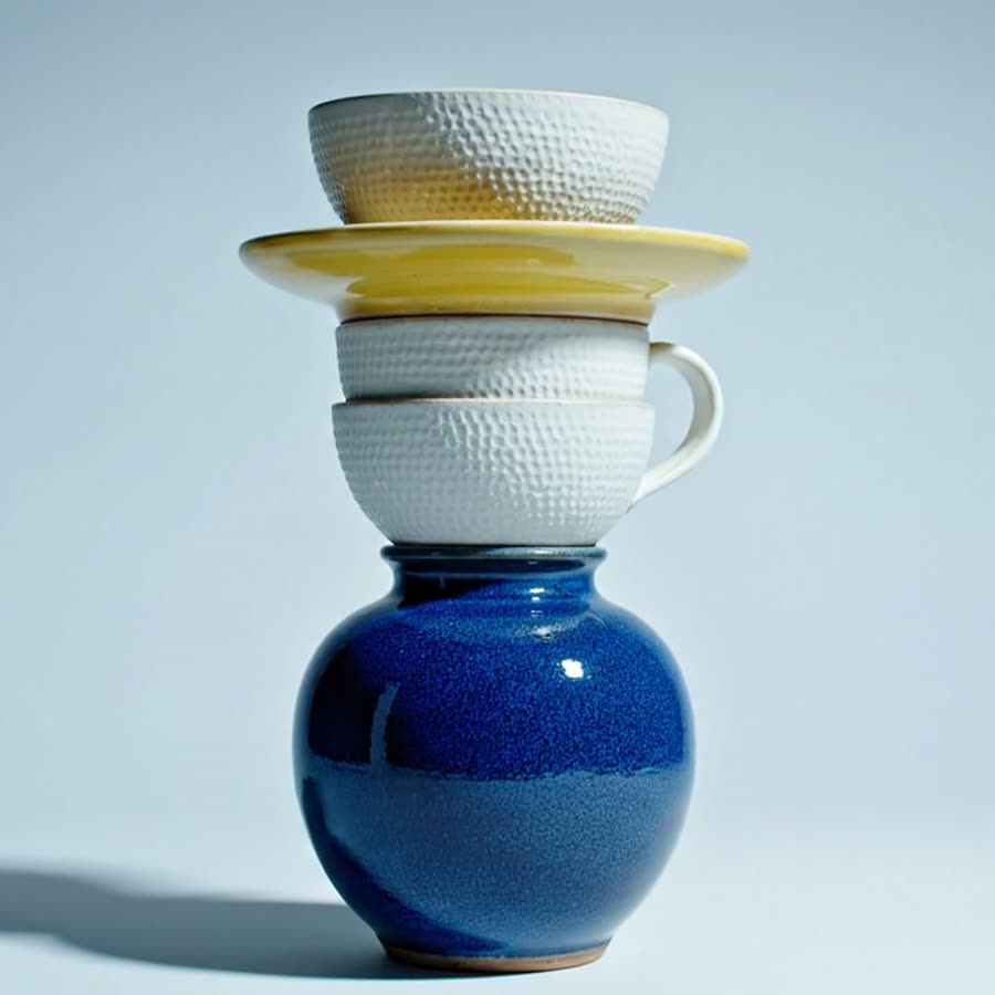 Pile de pièces de céramique bleues, blanches et jaunes
