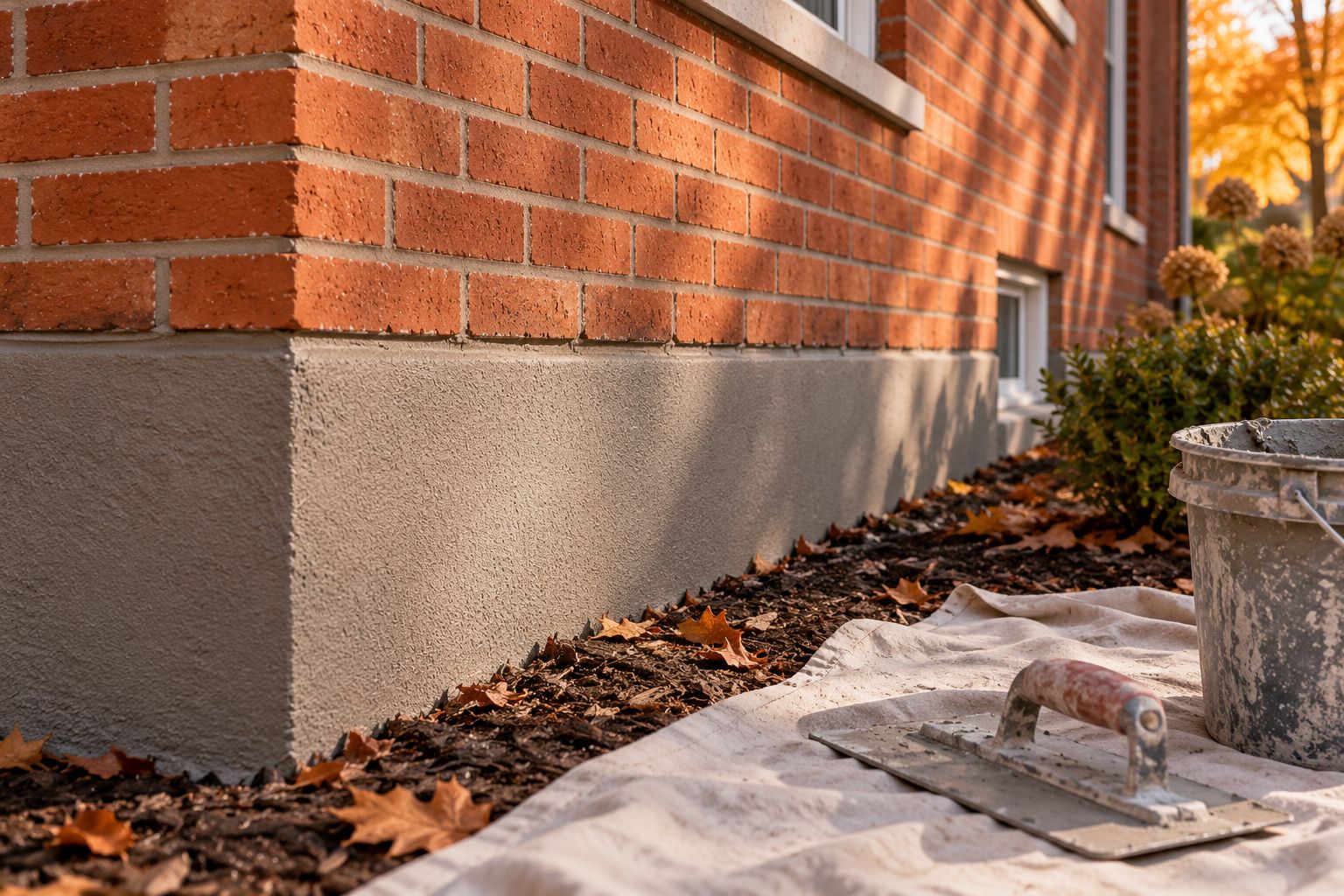 Crépi neuf appliqué sur une fondation de béton