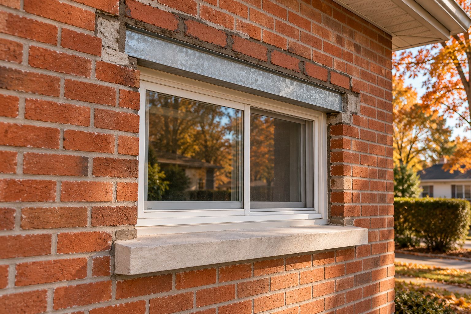 Linteau d'acier neuf au-dessus d'une fenêtre dans un mur de brique