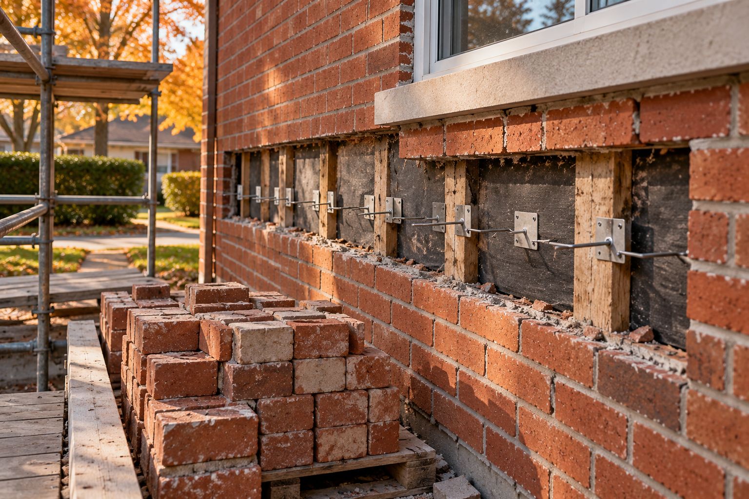 Section de mur de brique démontée pour poser des ancrages neufs