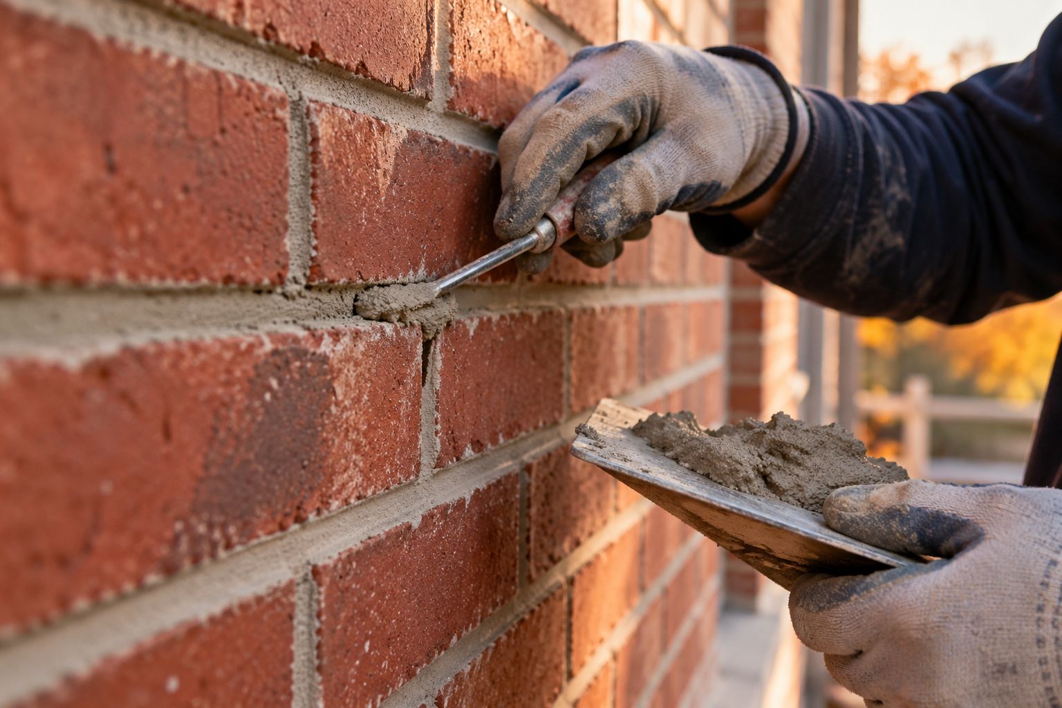 Maçon qui refait les joints d'un mur de brique